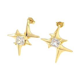 Star Shape Rack Plating Brass Micro Pave Cubic Zirconia Stud Earrings, Long-Lasting Plated, Cadmium Free & Lead Free