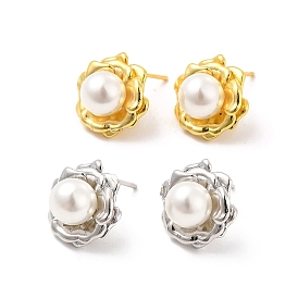 ABS Imitation Pearl Beaded Flower Stud Earrings, Brass Jewelry for Wome, Cadmium Free & Lead Free
