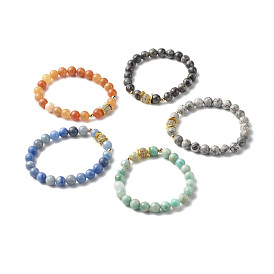 Natural Mixed Stone Stretch Bracelet for Girl Women Gift, Round Brass Cubic Zirconia Beads Bracelet