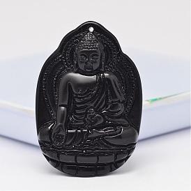 Pendentifs grand camée d'obsidienne naturelle, bijoux pendentifs bouddhiques, Bouddha, 51~53x35.5~37.5x11~13mm, Trou: 2mm