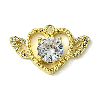 Eco-Friendly Brass Micro Pave Cubic Zirconia Pendants,  Long-Lasting Plated, Real 18K Gold Plated, Cadmium Free & Lead Free, Heart with Wings