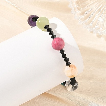 Round Natural Mixed Stone and Black Bicone Glass Beaded Bracelets for Women, Stainless Steel Color