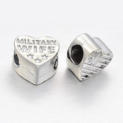 Alloy European Beads, Large Hole Heart Beads, Long-Lasting Plated, with Words Military Wife, 10x11x6mm, Hole: 4mm