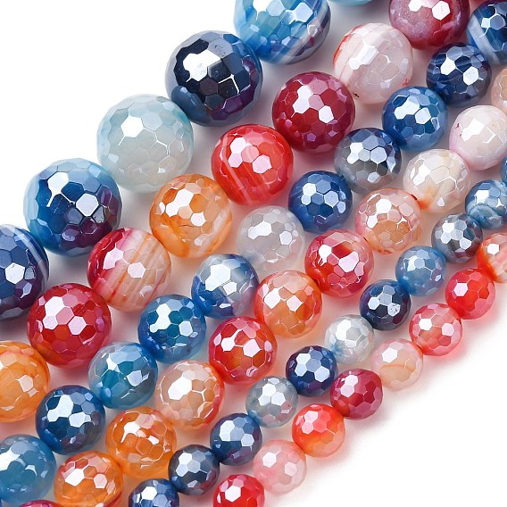 Натуральные полосатые агатовые бусы, круглые, граненые, гальваническое покрытие