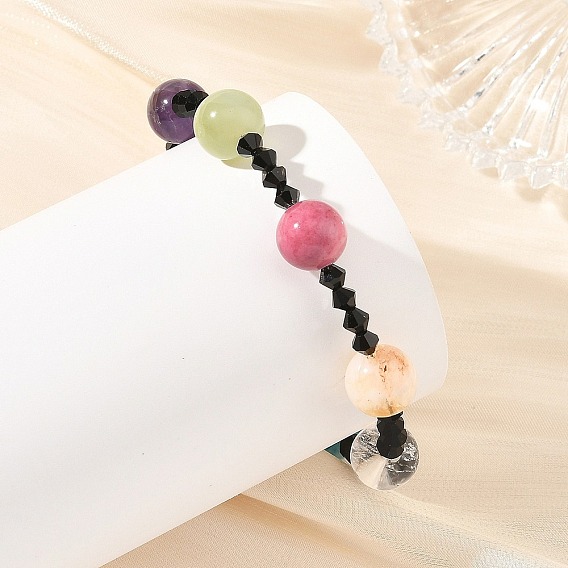 Round Natural Mixed Stone and Black Bicone Glass Beaded Bracelets for Women, Stainless Steel Color