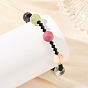 Round Natural Mixed Stone and Black Bicone Glass Beaded Bracelets for Women, Stainless Steel Color