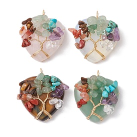 Gemstone Copper Wire Wrapped Heart Pendants, Chakra Gems Chip Tree of Life Charms, Golden