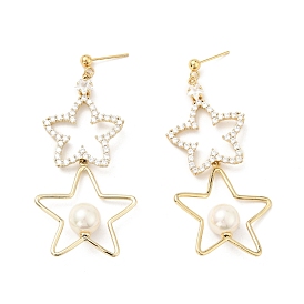 Clear Cubic Zirconia Stars Dangle Stud Earrings with Acrylic Pearl, Brass Jewelry for Women, Cadmium Free & Nickel Free & Lead Free