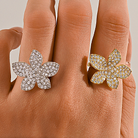 Кольца для женщин с микропаве из латуни и кубическими цирконами, цветок