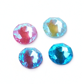 Verre cabochons en strass, dos plat, facette, fluorescent, demi-tour