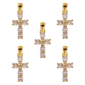 5Pcs Brass Micro Pave Clear Cubic Zirconia Pendant, Long-Lasting Plated, Cross