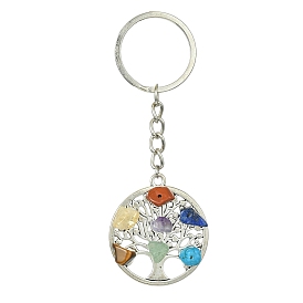 Alloy with Natural & Synthetic Mixed Gemstone Chip Pendant Keychain, with Iron Split Key Rings