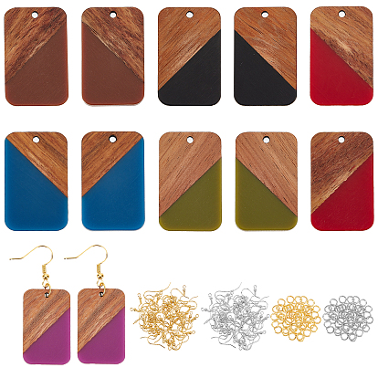 Two Tone Rectangle Pendant Earrings DIY Making Kit, Including Opaque Resin & Walnut Wood Pendants, Brass Earring Hooks, Iron Open Jump Rings