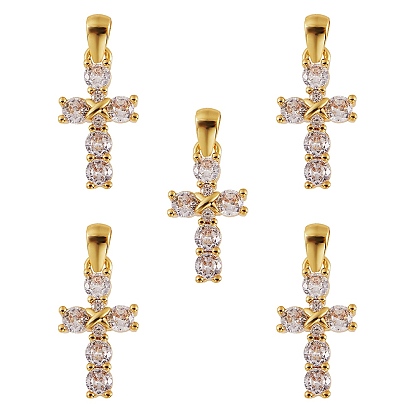 5Pcs Brass Micro Pave Clear Cubic Zirconia Pendant, Long-Lasting Plated, Cross
