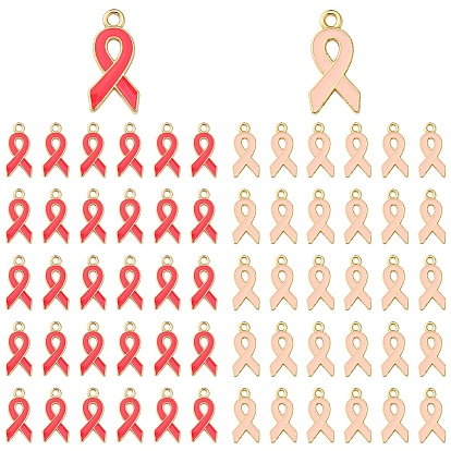 60 шт 2 цвета сплава эмалевые подвески, без кадмия и без свинца, Октябрь Рак молочной железы Розовая форма ленты осведомленности, свет позолоченные