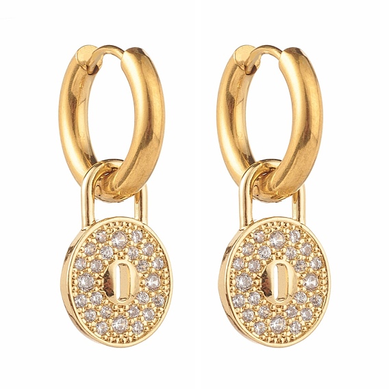 Padlock Brass Micro Pave Cubic Zirconia Dangle Earrings, with 304 Stainless Steel Ear Hooks