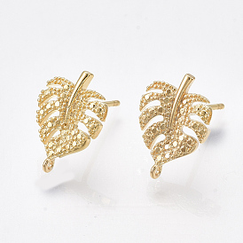 Brass Stud Earring Findings, with Loop, Tropical Theme, Monstera Leaf, Nickel Free, Real 18K Gold Plated