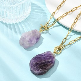 Natural Amethyst Nuggets Pendant 304 Stainless Steel Paperclip Chain OT Necklaces for Women