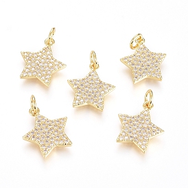 Brass Micro Pave Cubic Zirconia Pendants, with Jump Ring, Long-Lasting Plated, Star, Real 18K Gold Plated