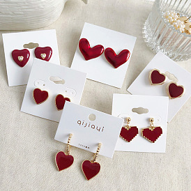 Wine red dripping oil love earrings geometric all-match heart-shaped earrings retro sweet silver needle earrings earrings for women