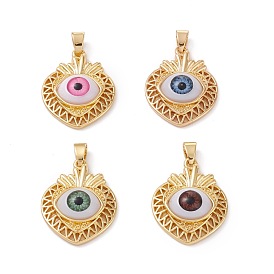 Brass Pendants, with Resin Cabochons, Long-Lasting Plated, Heart with Evil Eye, Real 18K Gold Plated
