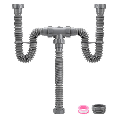 1 Bag Plastic Flexible Installation Double Sink Drain Kits, Drain Pipe, with 2 Rolls PTFE Sealing Tape