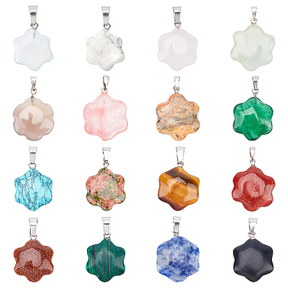 9Pcs 9 Style Gemstone Pendants, with Stainless Steel Snap on Bails, Flower