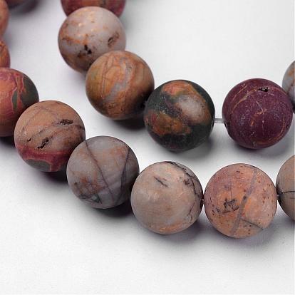 Natural Polychrome Jasper/Picasso Stone/Picasso Jasper Beads Strands, Frosted, Round