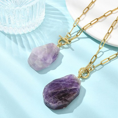 Natural Amethyst Nuggets Pendant 304 Stainless Steel Paperclip Chain OT Necklaces for Women