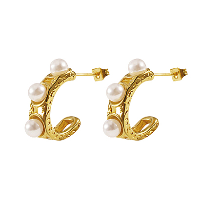 304 Stainless Steel Ring Stud Earrings, Imitation Pearl Beaded Half Hoop Earrings