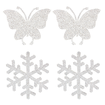 Superfindings 4 pcs 2 estilo copo de nieve y purpurina de mariposa hotfix rhinestone, hierro en parches, zapatos de vestir ropa de decoración