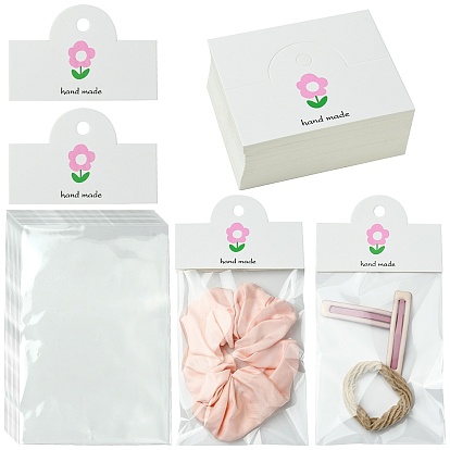 100шт. цветочные печатные бумажные складные карточки, упаковочная бумага картон с отверстием для подвешивания, прямоугольные, с 100 целлофановыми пакетами OPP