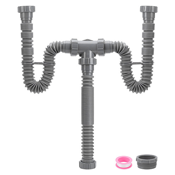 1 Kits de vidange flexibles pour évier double en plastique (sac), tuyau d'évacuation, avec 2 rouleaux de ruban d'étanchéité PTFE
