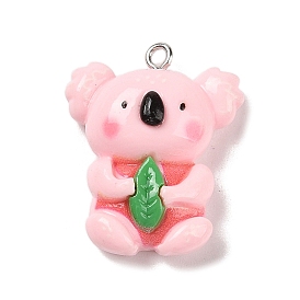 Cute Animal Opaque Resin Pendants, Koala with Leaf Charms with Platinum Plated Iron Loops