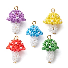 Handmade Glass Seed Beads, Loom Pattern, with Iron Loop, Mushroom Pendants