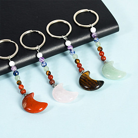 Colorful Natural Gemstone Moon Keychain with Tiger Eye and Agate Stones