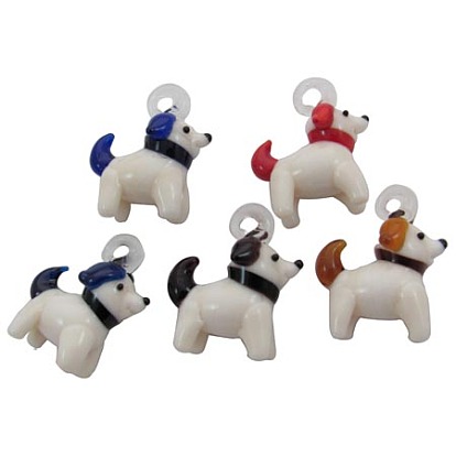 Handmade Lampwork Puppy Pendants, Cartoon Dog, 34x30mm, Hole: 5mm
