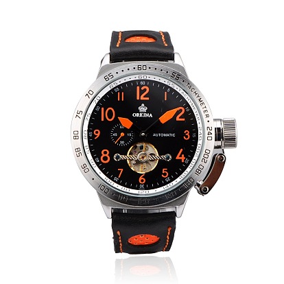 Stainless Steel Leather Wrist Watch, Mechanical Watches, 265x20~24mm, Watch Head: 52x60x15mm