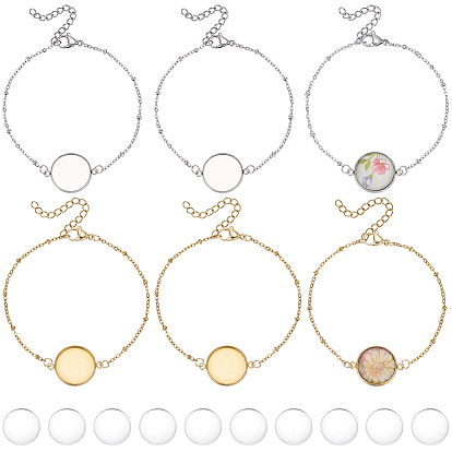10pcs 2 couleurs 304 bracelets à sertissage cabochon rond en acier inoxydable, Fabrication de bracelets à chaîne satellite, avec cabochons en verre transparent 10pcs