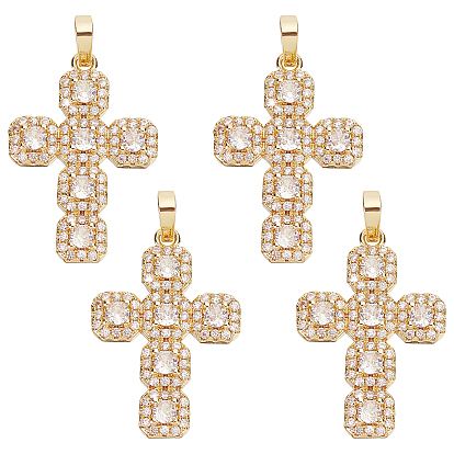 4Pcs Brass Micro Pave Clear Cubic Zirconia Pendants, Real 16K Gold Plated, Nickel free, Cross