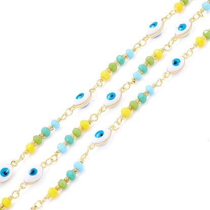 Handmade Brass Enamel Link Chain, with Faceted Round Glass Beads, Long-Lasting Plated, Oval with Evil Eye, Soldered, with Spool