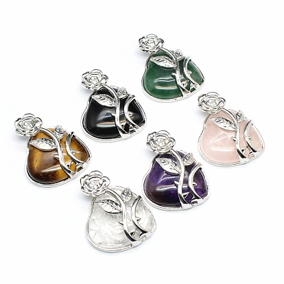 Gemstone Pendants, Heart Charms with Flower