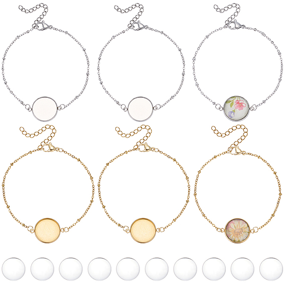 10Pcs 2 Colors 304 Stainless Steel Round Cabochon Setting Bracelets, Satellite Chain Bracelets Making, with 10Pcs Transparent Glass Cabochons
