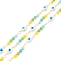 Handmade Brass Enamel Link Chain, with Faceted Round Glass Beads, Long-Lasting Plated, Oval with Evil Eye, Soldered, with Spool