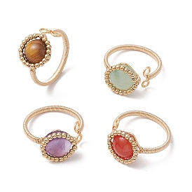 4Pcs Copper Wire Wrapped Half Round Natural Agate & Green Aventurine & Amethyst & Tiger Eye Cuff Rings for Women