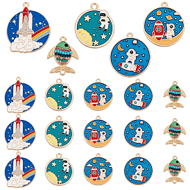 30Pcs 5 Style Alloy Enamel Pendants, Light Gold, with Rhinestone and Acrylic, Flat Round with Fish