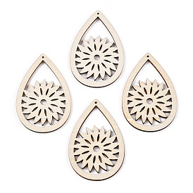 Printed Poplar Wood Big Pendants, Teardrop Charms, Antique White