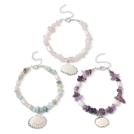 3 pcs 3 ensemble de bracelets à breloques en coquillage naturel de style, bracelets de perles en pierres précieuses naturelles mélangées