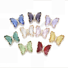 Cabochons en verre, avec micro-pavé de zircone cubique et réglages à dos ouvert en laiton, facette, papillon, or et de lumière