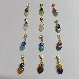 12 piezas 12 estilos hechos a mano decoraciones colgantes de murano mal de ojo, Adorno colgante de piedras preciosas de corazón, con cierres de pinza de langosta de aleación de zinc en tono dorado